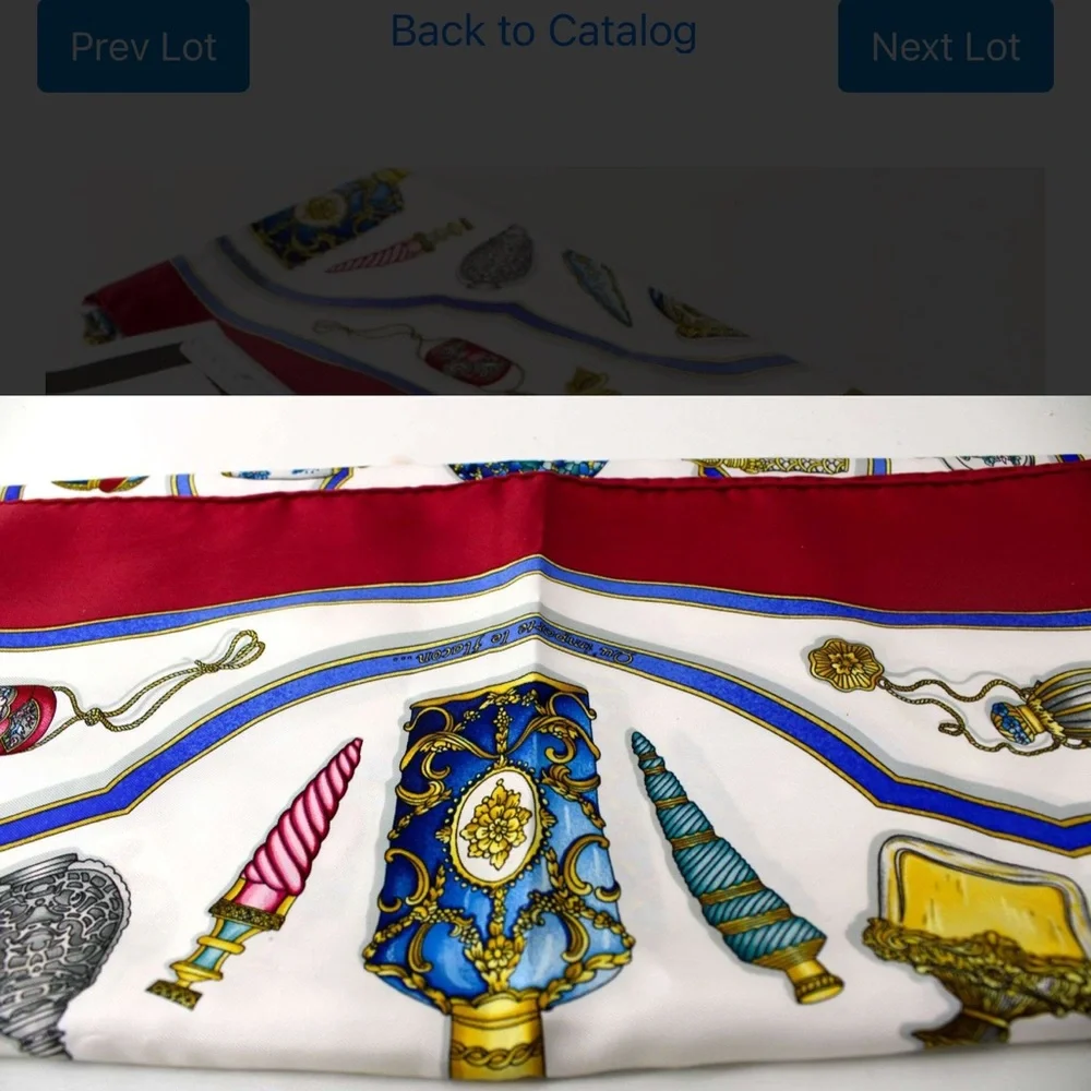 Authentic Hermès Silk Scarf in Red, Blue and Gold Floral Frame with COA. - Picture 9 of 10